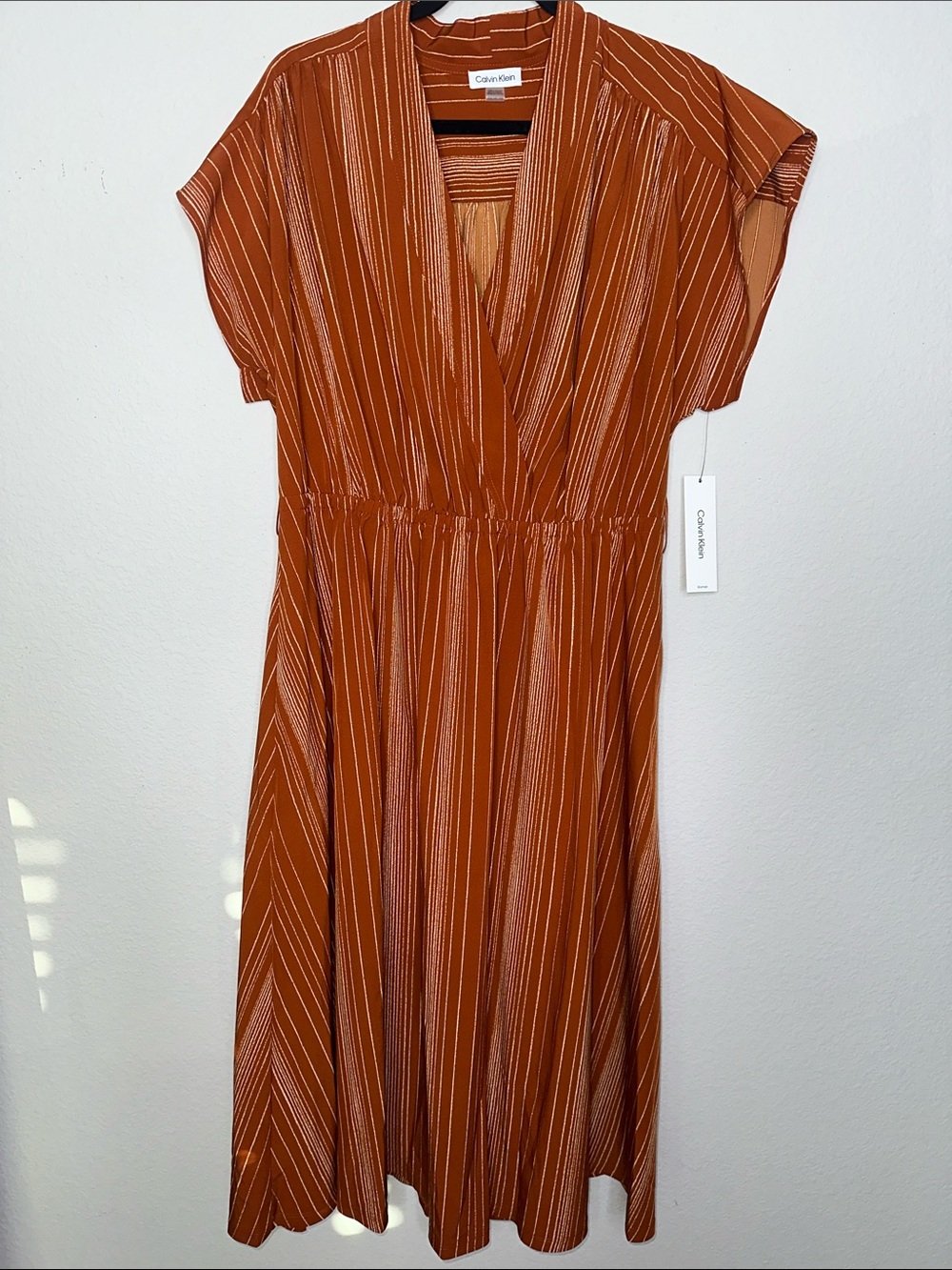 Calvin Klein Rust Orange Striped V‑Neck Midi Dress